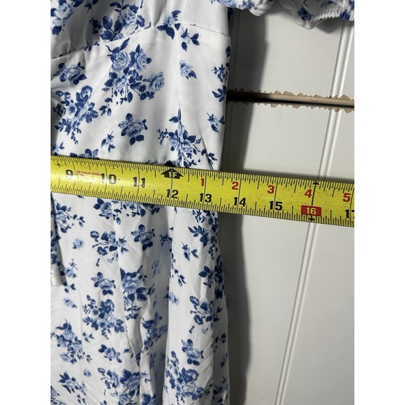 Floral Midi Dress Womens Medium Blue White Puff Sleeve Cottagecore Boho Summer - Picture 4 of 5